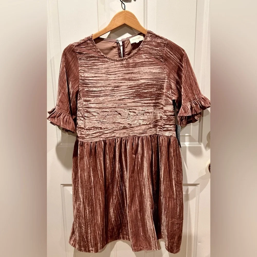 Melloday Ruffle Sleeve crinkle Velvet Mini Dress in Blush Size XS - Picture 1 of 12